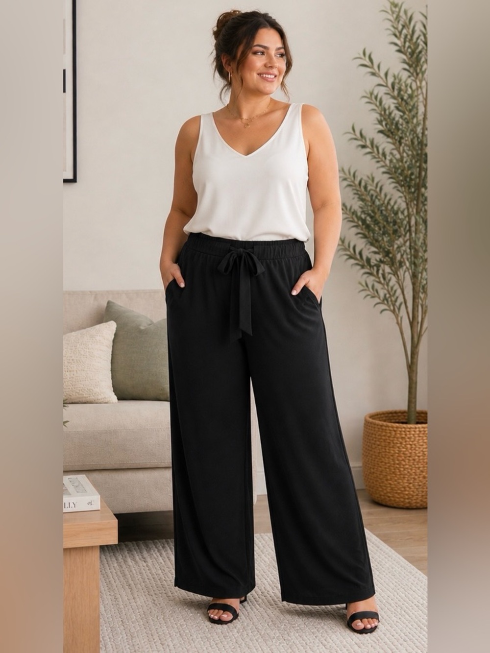 Boho Chic Black Wide Leg Palazzo Pants XXL Tie Waist Flowy Lounge Workwear MUST